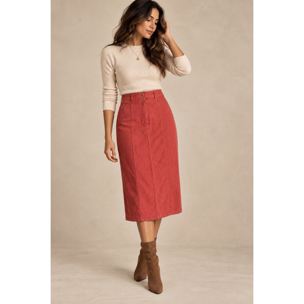 Christopher & Banks Red Denim Midi Skirt Size 16 Stretch Cotton Blend Straight